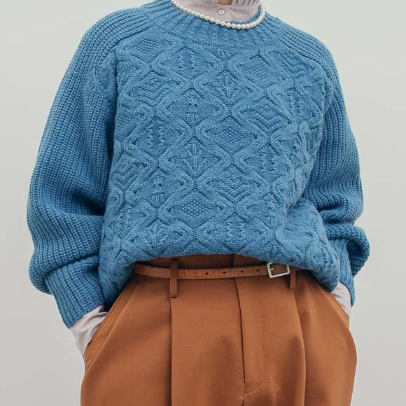 〈ウールカシミヤ〉〈5種類の模様編み〉パッチワーク柄ケーブル編みプルオーバー (mug913)