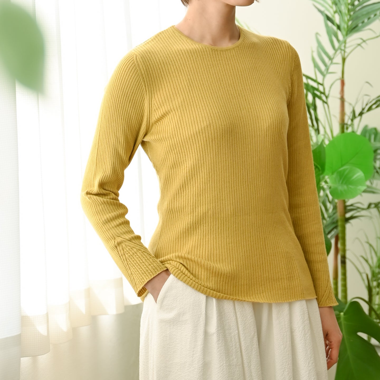 〈高品質シルク&スーピマ超長綿〉〈洗えるニット〉〈通年着られる〉袖口模様編み シルクコットンの長袖プルオーバー (mub913)