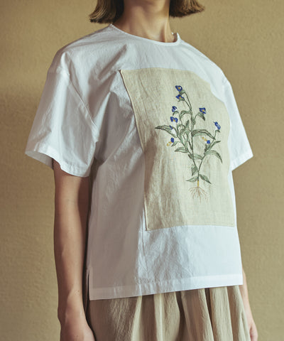 ツユクサ刺繍半袖布帛プルオーバー (mun905)