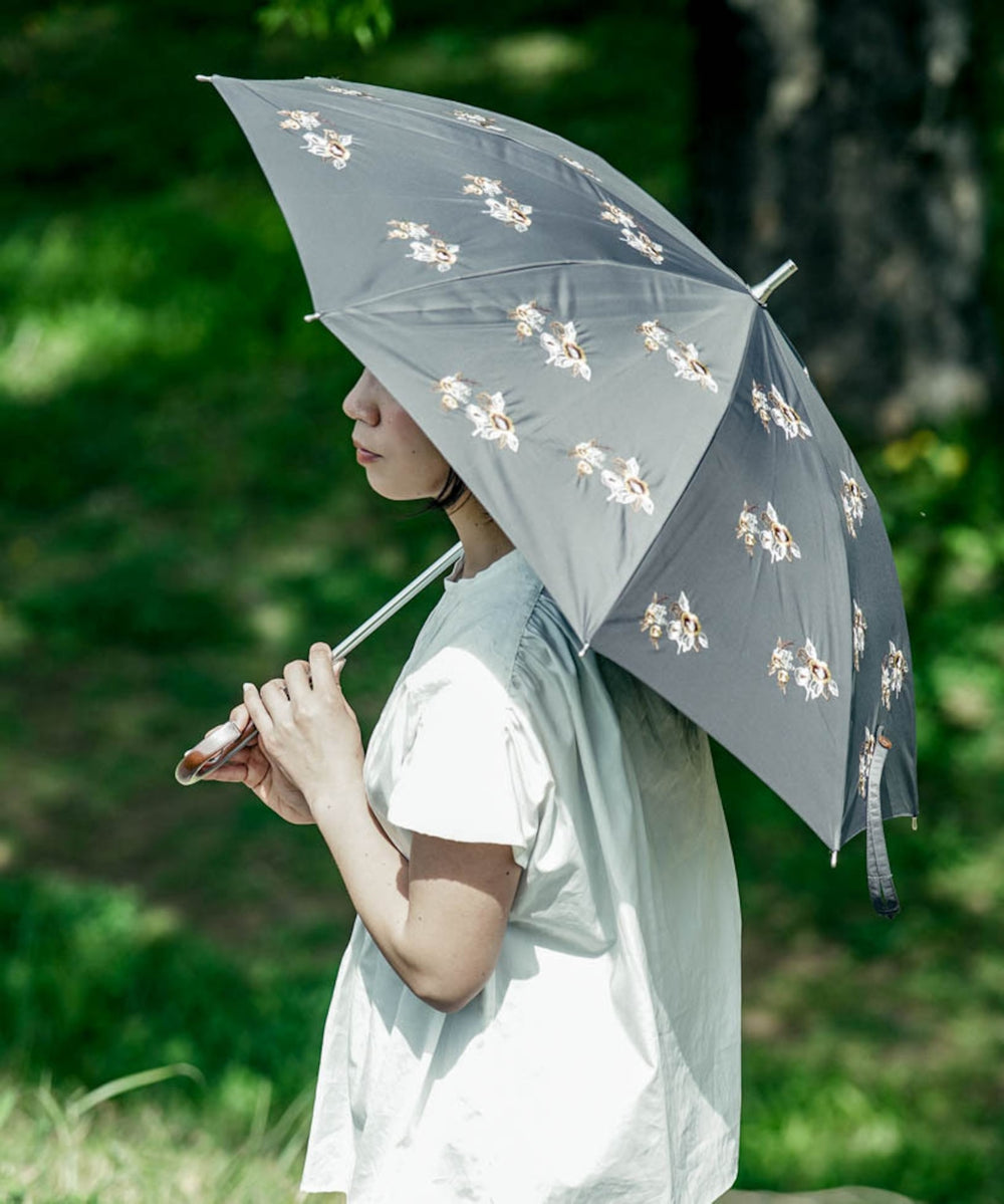 〈UVカット率99%以上・一級遮光生地・晴雨兼用〉野ばら刺繍の日傘 （長傘タイプ） (ELS54)