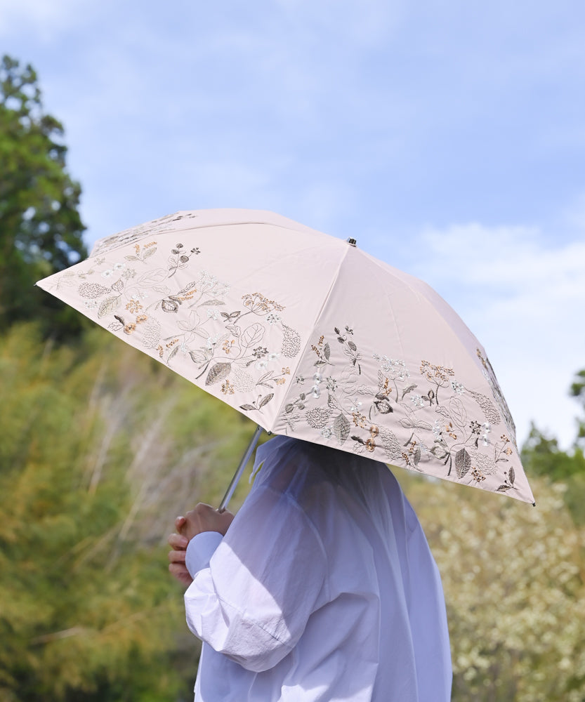 【窓辺の花 刺繍】晴雨兼用日傘 折りたたみ傘タイプ(ELS56-mini)