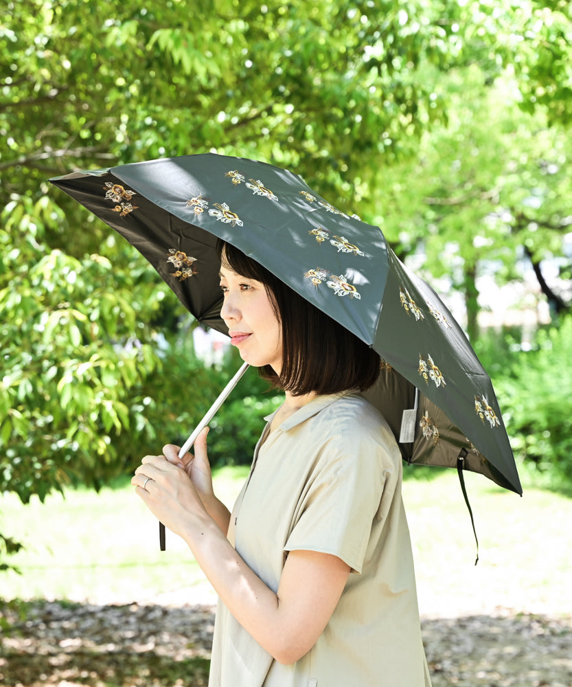 〈UVカット率99%以上・一級遮光生地・晴雨兼用〉野ばら刺繍の日傘 （折りたたみ傘タイプ）(ELS54mini)