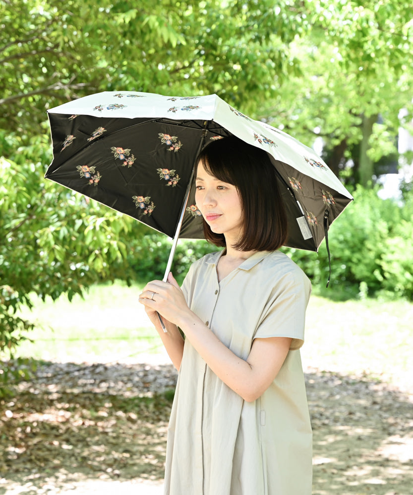 〈UVカット率99%以上・一級遮光生地・晴雨兼用〉野ばら刺繍の日傘 （折りたたみ傘タイプ）(ELS54mini)