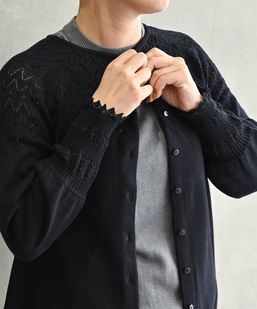 〈コットン100%強撚糸〉肩周り透かし編み・袖口レース編み コットンカーディガン (mub421)