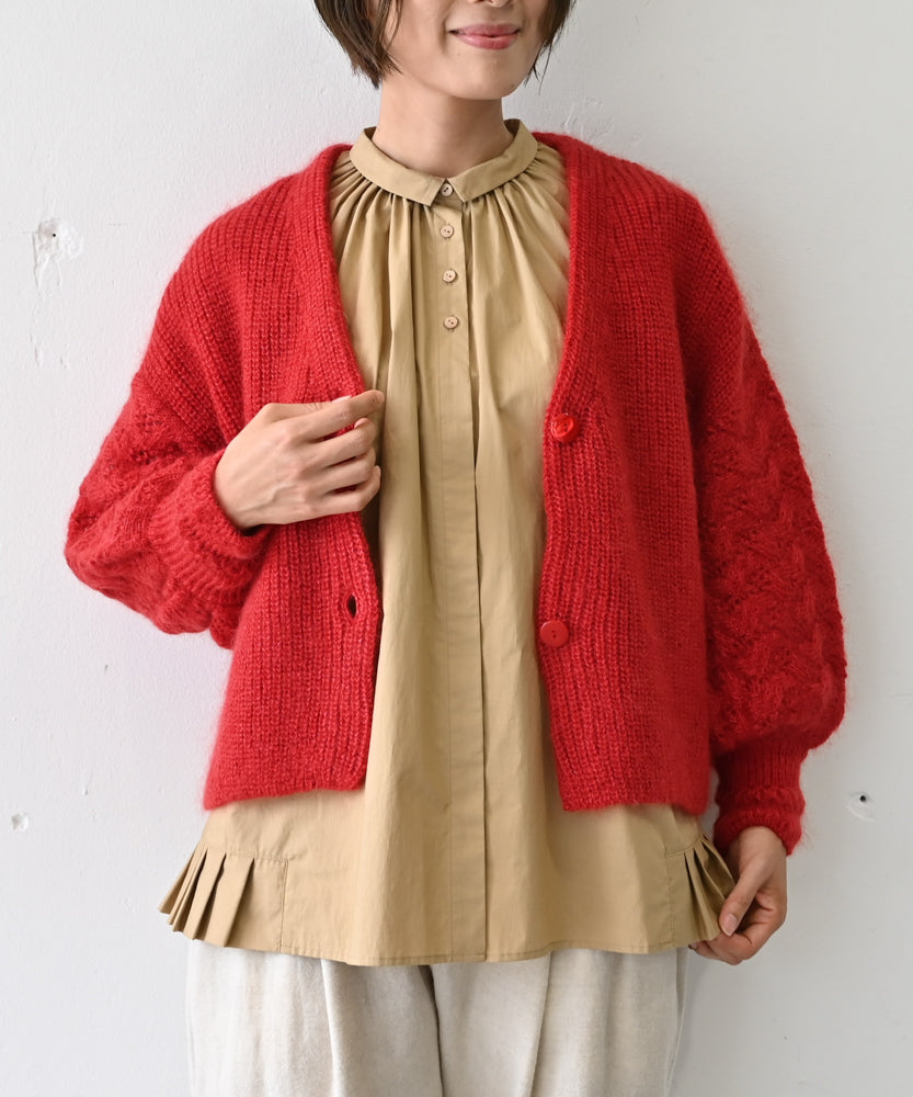 高品質シルク＆アンゴラ山羊モヘヤ〉模様編み ボリュームスリーブ 