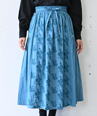〈綿ローン生地〉梅小花刺繍 ギャザースカート (muk219)