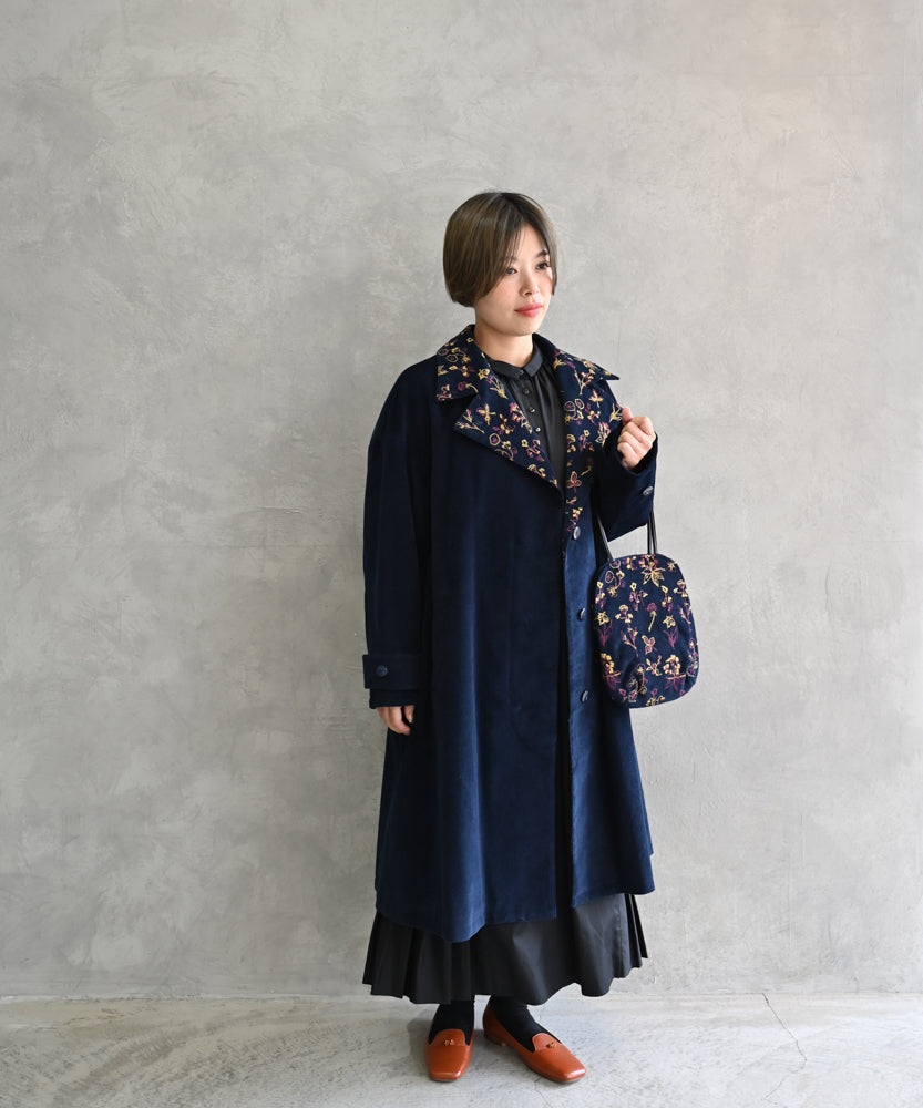 コットンコーデュロイ 花刺繍のミニサイズバッグ (bag030