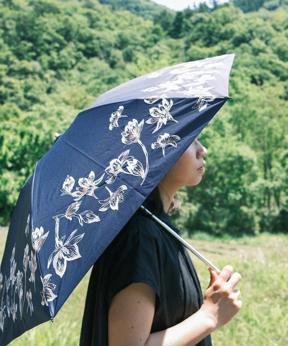 【モクレン刺繍】晴雨兼用日傘 （折りたたみ ）タイプ(ELS51)