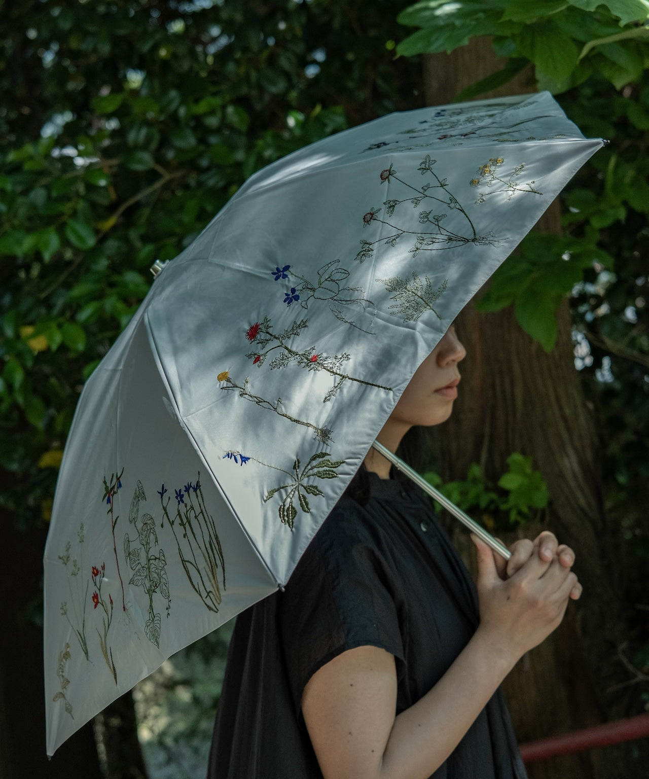 〈UVカット率99%以上・一級遮光生地・晴雨兼用〉ボタニカル刺繍の日傘 （折りたたみ傘タイプ）(ELS57-mini)